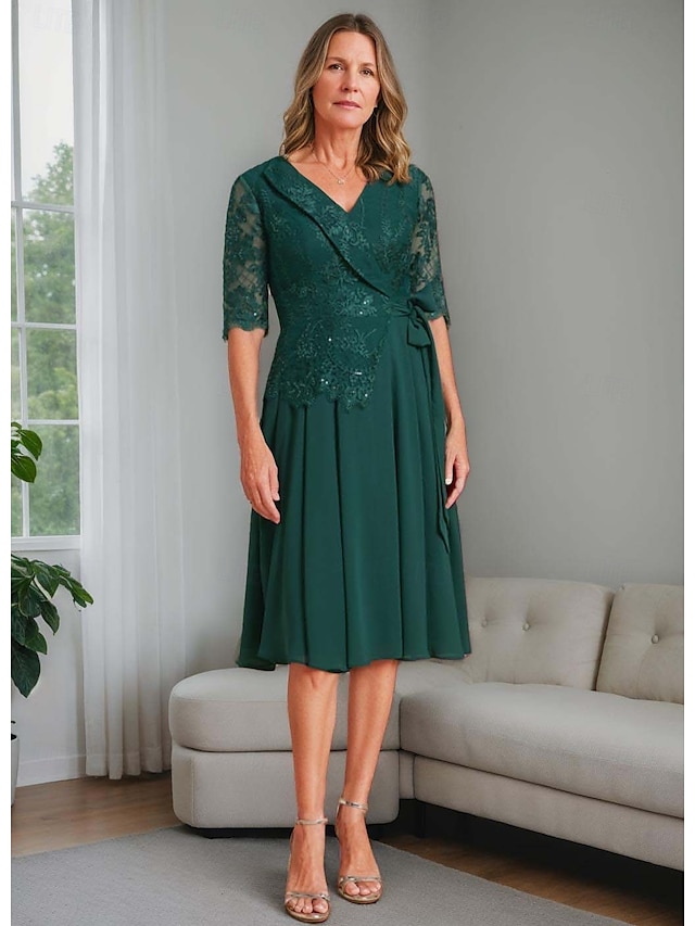  A-linie šaty matka nevěsty blazer šaty elegantní vintage jednoduchý V výstřih čajová délka chiffon poloviční rukáv sako šaty s krajkovou aplikací