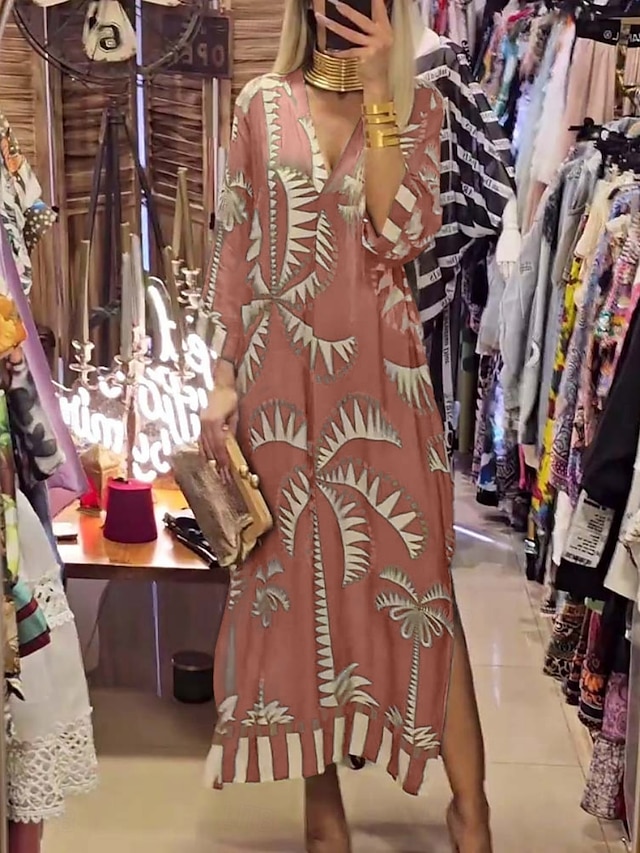  Pentru femei Rochii Midi Rochie casual Rochie A line Rochie Boho Stilat Casual Vacanță Zilnic Fit regulat Grafic Lungime Manșon 3/4 În V Roz Îmbujorat Kaki Verde Militar Vară
