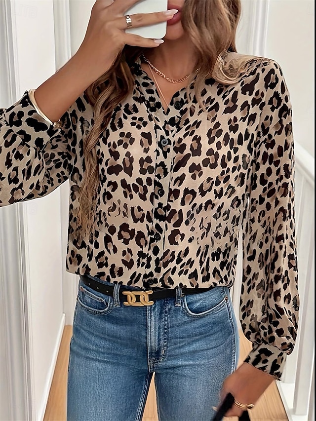  Dámské Košile Halenka Leopard Elegantní Denní stylové Dlouhý rukáv Košilový límec Běžné topy Práce Denní Dovolená Knoflíky Levhart Léto Jaro