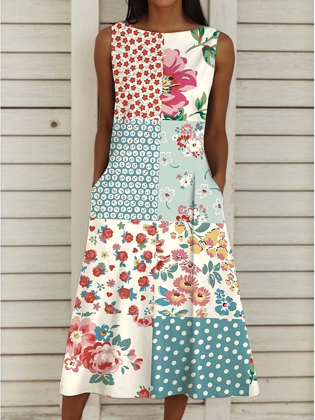  Damen Midi Kleid Boho Kleid Strandkleid Strandbekleidung Print Lässig Floral Bootsausschnitt Ärmellos Reguläre Passform Urlaub Pink