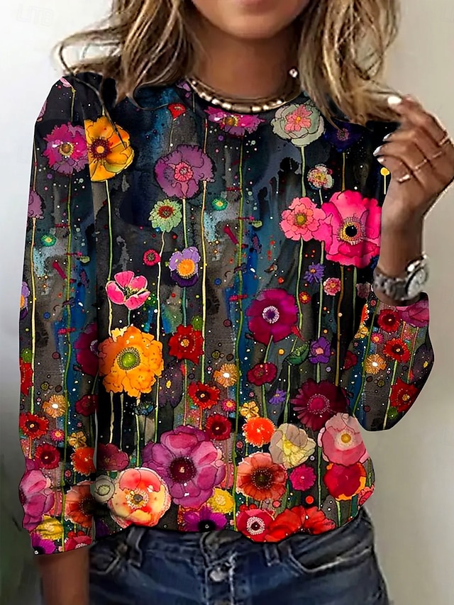  Women's T Shirt Floral Elegant Vintage Fashion Long Sleeve Crew Neck Regular Tops Daily Going out Weekend Print Red Summer Spring