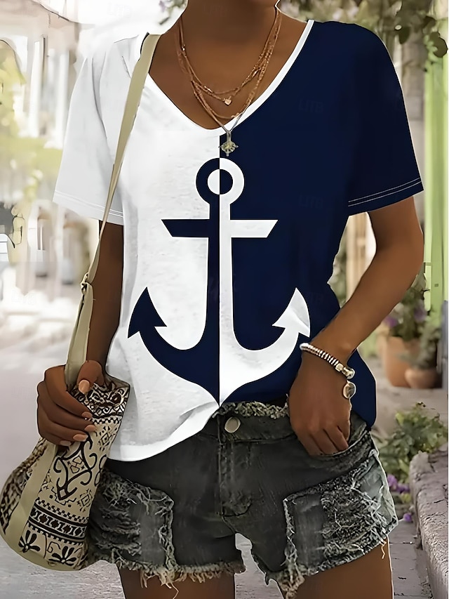  Women's T Shirt Ocean Stylish Casual Short Sleeve V Neck Regular Tops Daily Weekend Print Blue Summer Spring