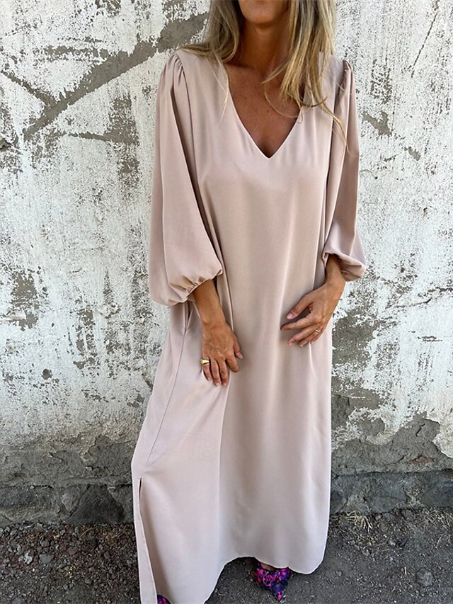  Mujer vestido largo vestido largo Vestido informal Vestido maxi Vestido de verano Elegante Casual Manga de la linterna Vacaciones Diario Cita Ajuste regular Plano Manga Larga Escote en Pico Rosa Rojo