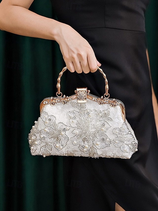 elegantní bílá krajková večerní kabelka s perleťovým a květinovým zdobením – stylový svatební nebo společenský doplněk pro ženy černá bílá