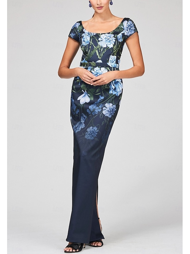  Robe de Soirée Colonne Imprimé Floral Marine Robe Élégante Robe de Mariage Invitée Formelle Longueur de Sol Manche Courte Col Bijou avec Paillettes Robe Invitée de Mariage