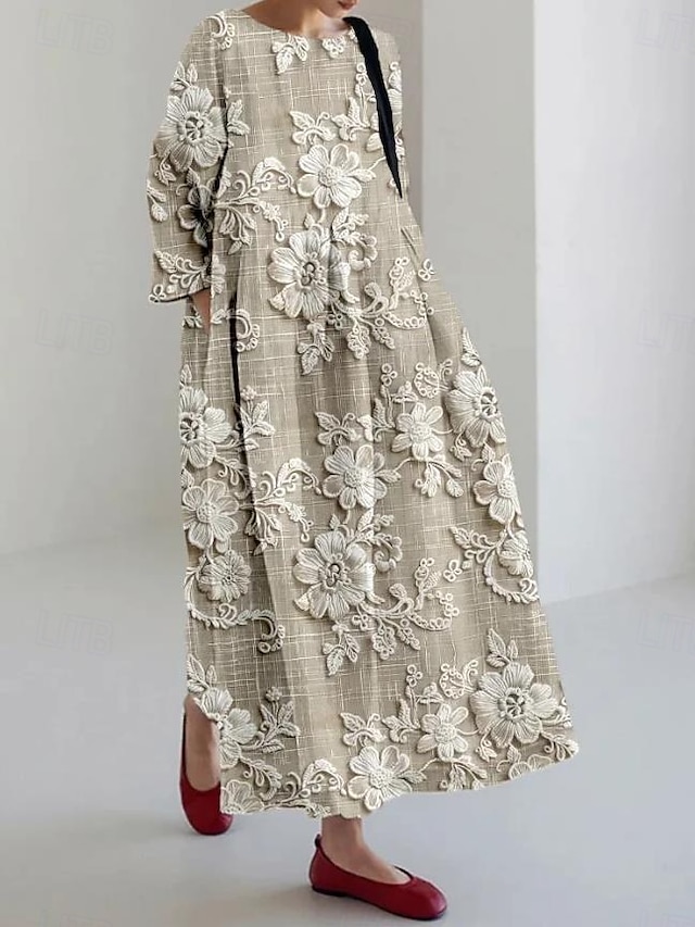  Robe maxi féminine robe décontractée vacances coupe ample graphique floral lin-like manches 3/4 col rond bleu violet clair vert beige printemps automne hiver