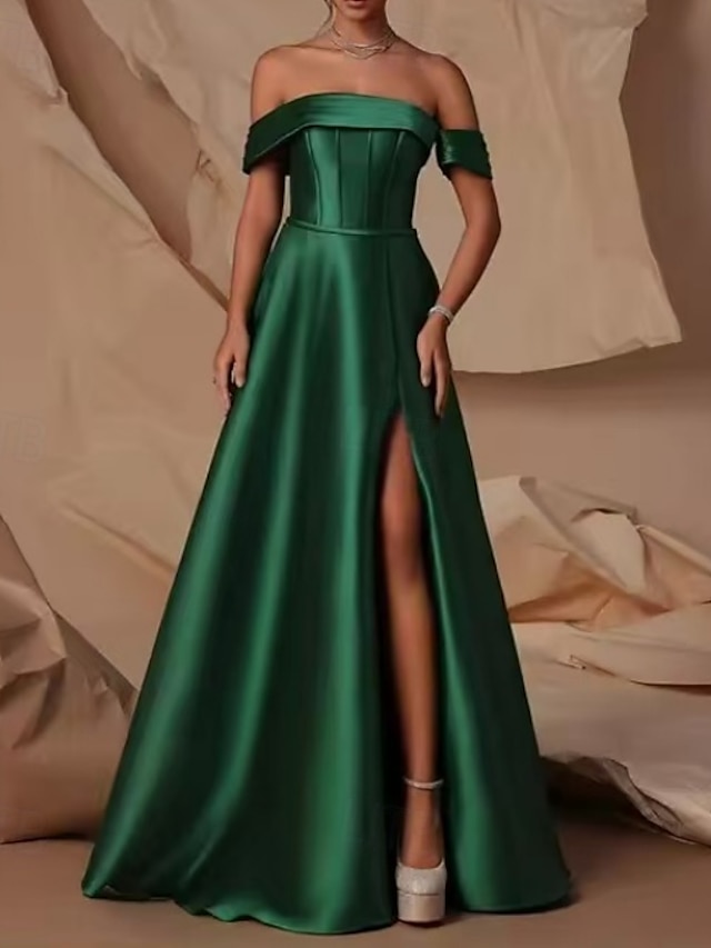  Vestido de Festa A-Line Dress Vestido de Festa à Noite Gala Formal Comprimento do Chão Manga Curta Sem Alças Bolso Algodão Costas Nu com Fenda Pregueada