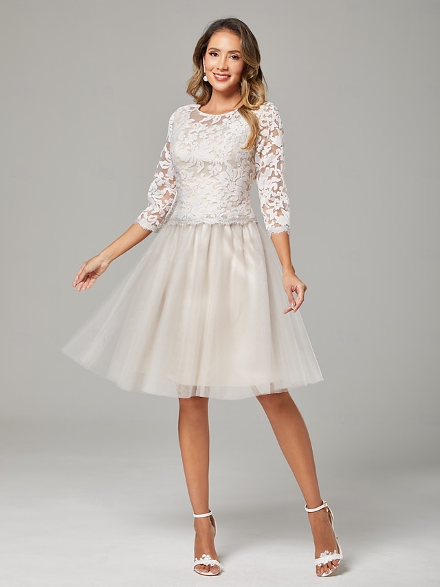  Vestido A-Line Mãe da Noiva Convidada de Casamento Elegante Decote Transparente Midi de Chiffon com Tule e Mangas 3/4 com Pregas e Aplicações 2025