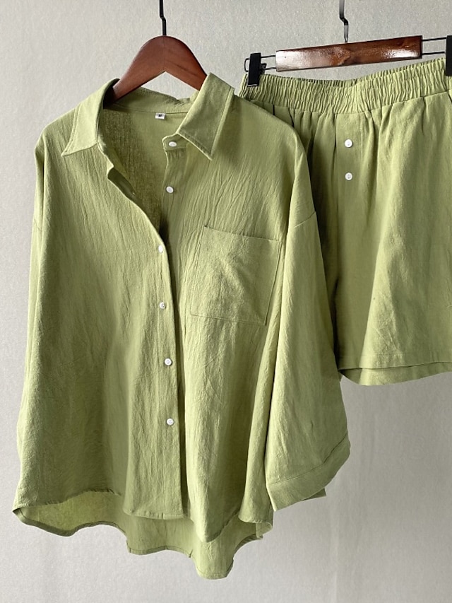  Women's Vacation Fashion Shirt Linen-Inspired Sets Two Piece Sets Beach Shorts Baggy Shorts Short Sleeve Shirt Collar Solid Color Drawstring Daily Wear Date Pink Green Gray Summer Regular Fit