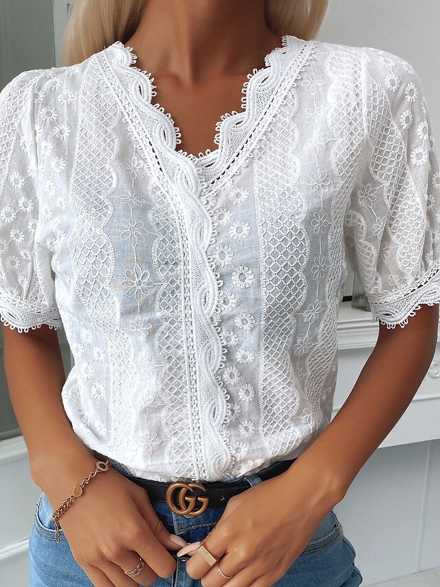 Women's Shirt Boho Shirt Blouse Solid Color Stylish Casual Short Sleeve V Neck Regular Tops Daily Lace White Summer Spring4