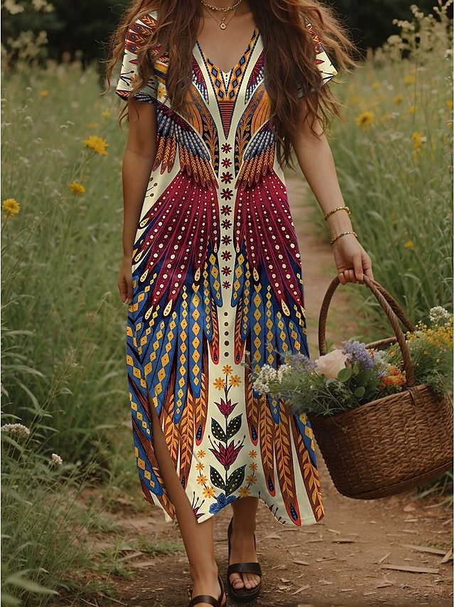  Dame Maxikjole Uformell kjole Boho elegante kjoler Kjole med A-linje Bohem Ferie Årgang Feriereise Daglig Normal Blomstret Kortermet V-hals Gul Sommer Vår