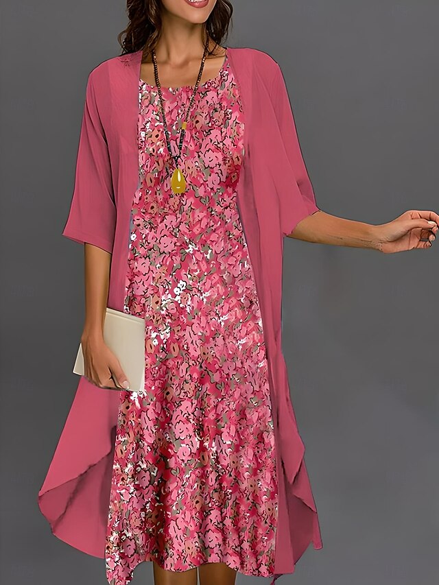 Women's Graduation Dress Midi Dress Chiffon Dress Shift Dress Summer Dress Elegant Stylish Formal Formal Wedding Guest Daily Loose Fit Floral Graphic Half Sleeve Crew Neck Pink Summer Spring Fall4