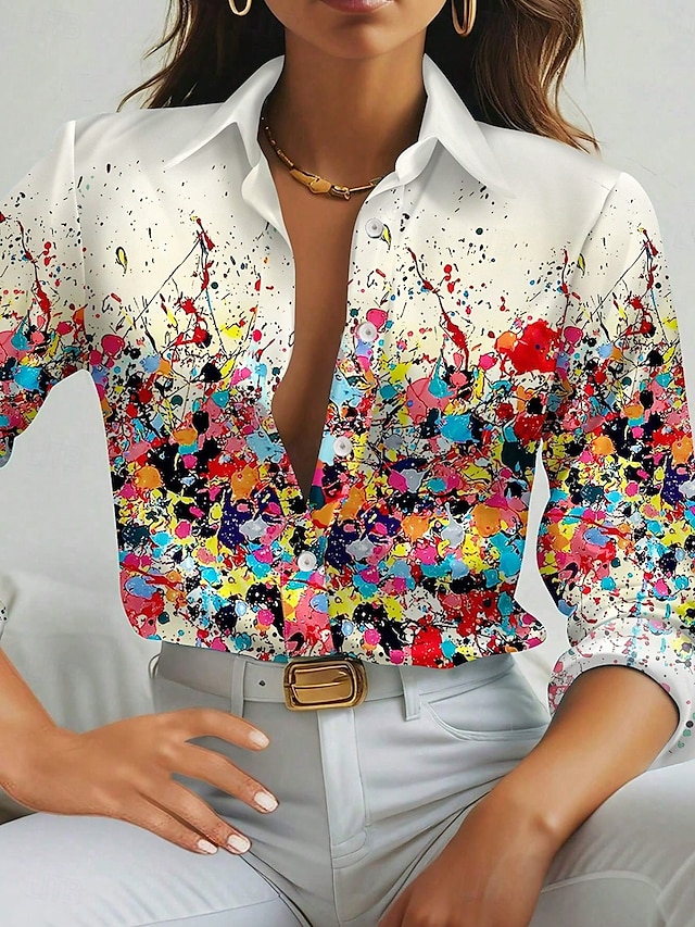  Per donna Camicia Ombre Casual Manica Lunga Colletto a Camicia Top Regolari Lavoro Quotidiano Bottoni Stampato Beige Primavera Autunno Inverno
