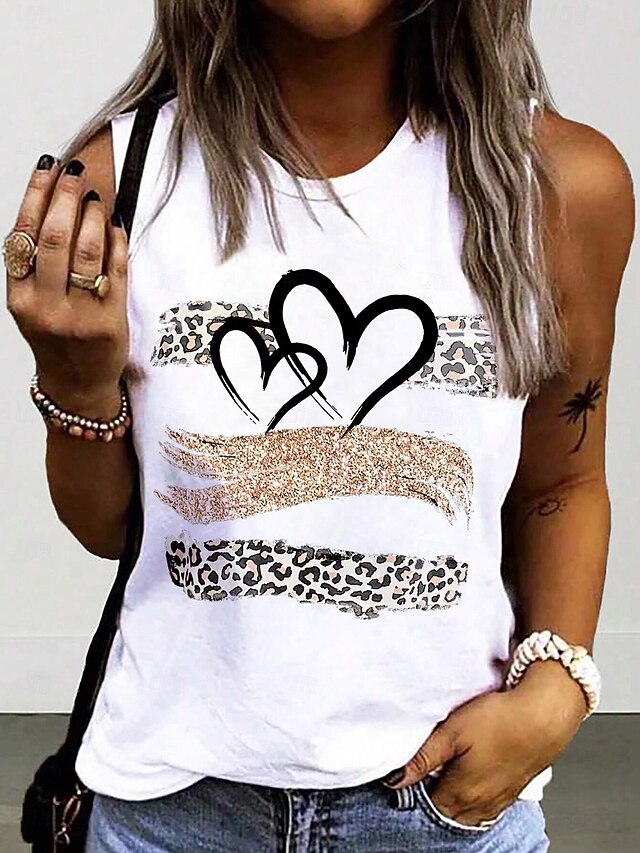 Women's Camisole Tank Top Heart Stylish Casual Sleeveless Crew Neck Regular Tops Daily Print White Summer4