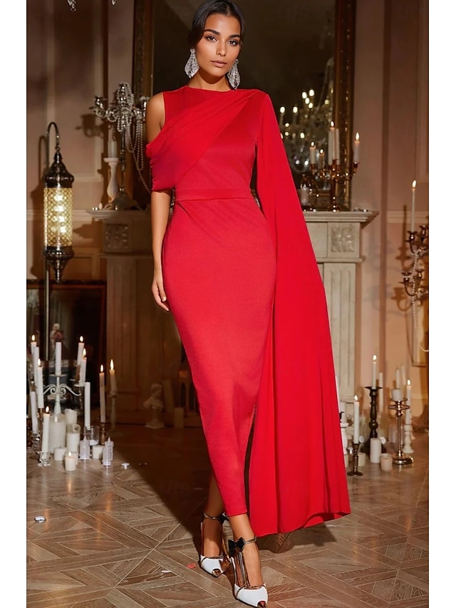  Robe cocktail fourreau  colonne Robe élégante invitée de mariage formelle longueur cheville sans manches cou bijou avec poche crêpe extensible avec châle