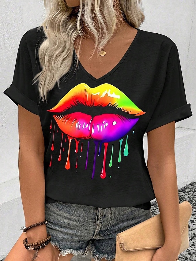  Femme T shirt Bouche mode Décontractées Manche Courte Col V Hauts réguliers du quotidien Imprimer Noir Eté