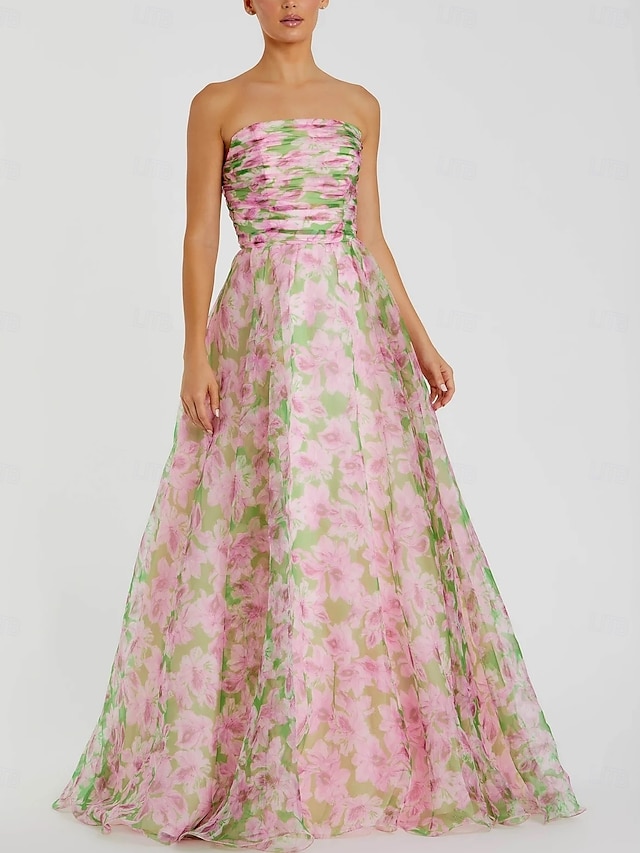  Rosa Blommig A-linjead Prom Klänningar Chiffon Elegant Formell Bröllop Klänning Gäst Golvlång Ärmlös Axelbandslös Bröllopsgästklänning