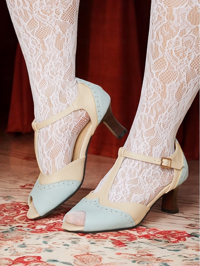  Women's Vintage Colorblock T-Strap Peep-Toe Heels – Elegant Mid Heel Sandals with Buckle Closure for Office, Casual & Formal Occasions