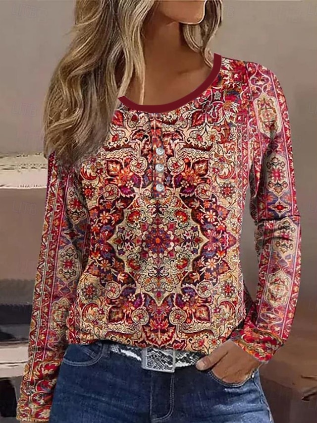 Tricou pentru femei cu Dungi Zilnic Casual Mâneci Lungi Gât în V Cămașă Regula Zilnic Sărbătoare Butoane Roz Roșu Gri Primăvară Toamnă Iarnă