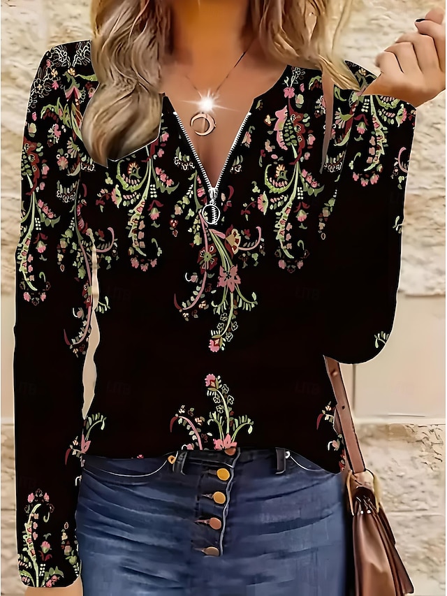  Women's T Shirt Graphic Tribal Vintage Bohemia Tropical Hawaiian Long Sleeve V Neck Regular Tops Daily Going out Weekend Zipper Print Black Spring Fall