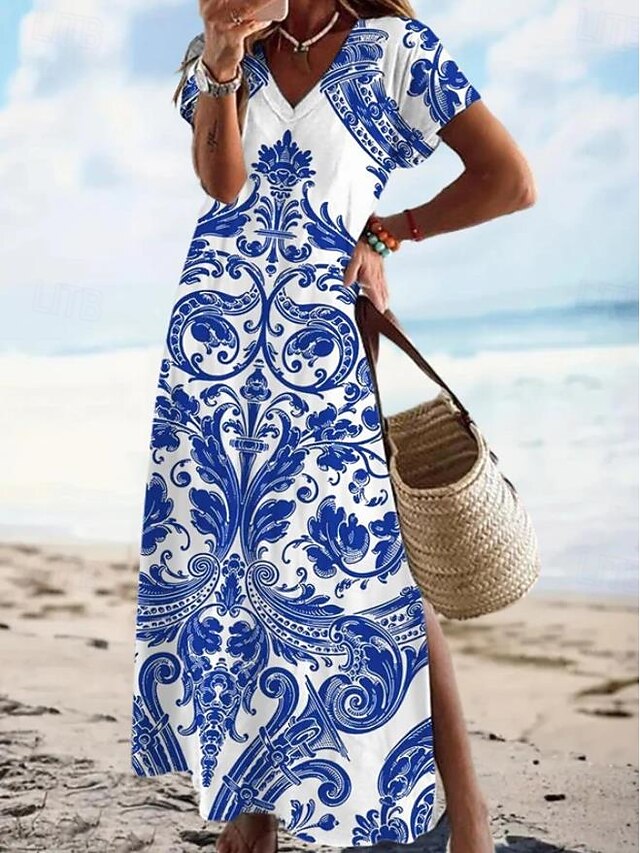 Women's Maxi Dress Paisley Dress Casual Dress Long Sleeve Boho Dress A Line Dress Bohemia Vacation Vintage Vacation Daily Regular Fit Floral Short Sleeve V Neck Aqua Blue Summer Spring4