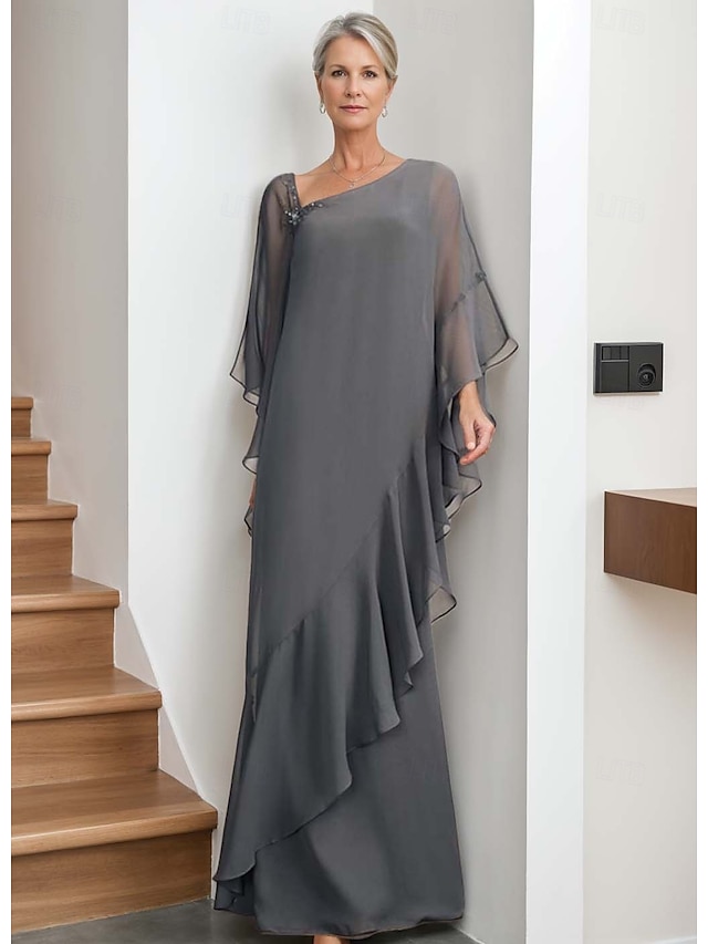  Sheath / Column Mother of the Bride Dress Elegant Vintage Simple Asymmetrical Neck Floor Length Chiffon Long Sleeve with Beading Ruffles Cascading Ruffles