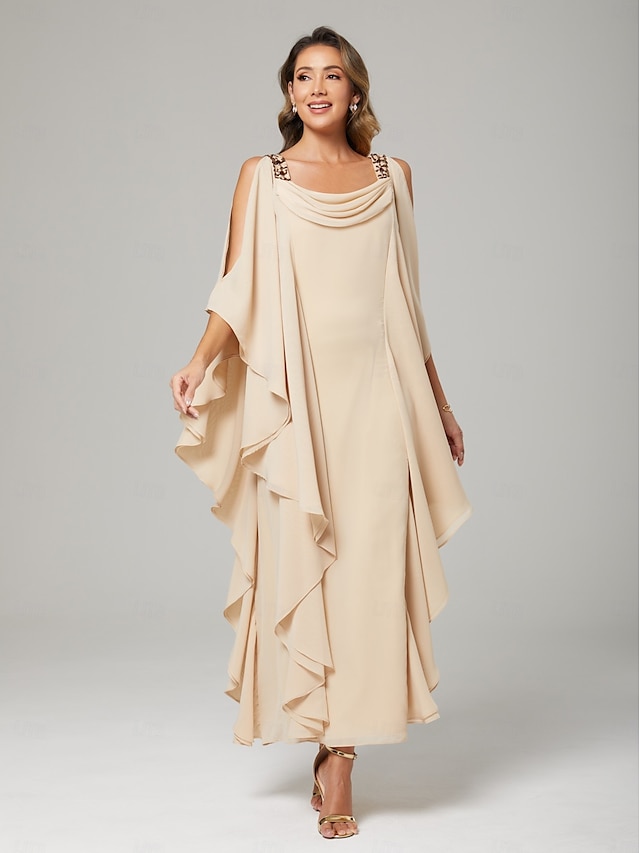  Robe de la mère de la mariée fourreau  colonne élégante invitée de mariage taille plus col rond longueur de sol chiffon manches mi-longue avec perles volants en cascade 2025