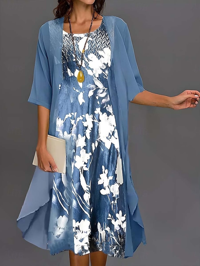  Damen Abschlusskleid Midi Kleid Chiffon Kleid Shift Kleid Elegante Party Formal Urlaub Hochzeitsgast Lockere Passform Floral Halblange Ärmel Rundhalsausschnitt Blau Sommer Frühling Herbst