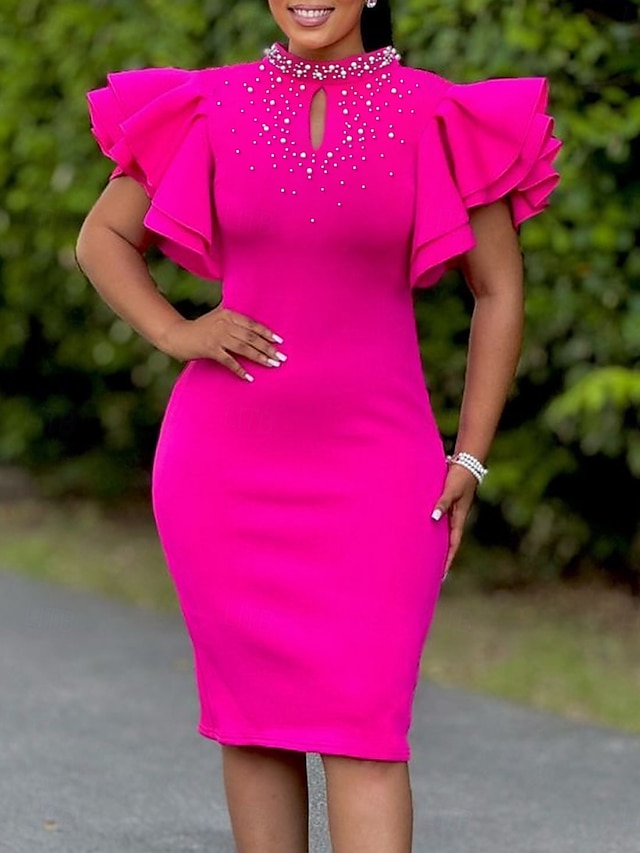  Dames Halflange jurk Gala jurk Feestjurk Satijnen Jurk Bruiloft gast jurk Elegant Formeel Feest Bruiloft gast Verloving Normale pasvorm Effen Korte mouw Coltrui Zwart Wit Blozend Roze Rood Zomer