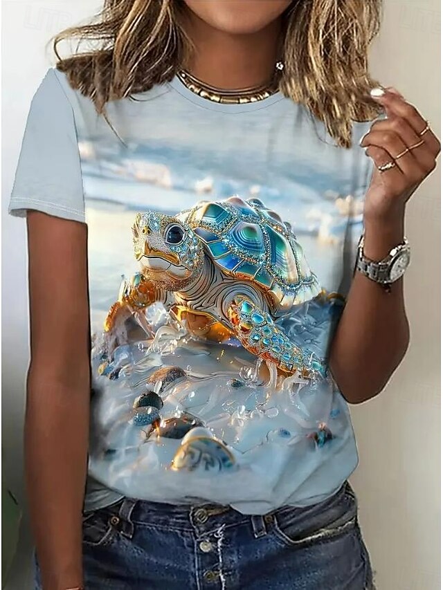 Women's T Shirt Sea Turtle Casual Short Sleeve Round Neck Regular Tops Daily Print Blue Summer4