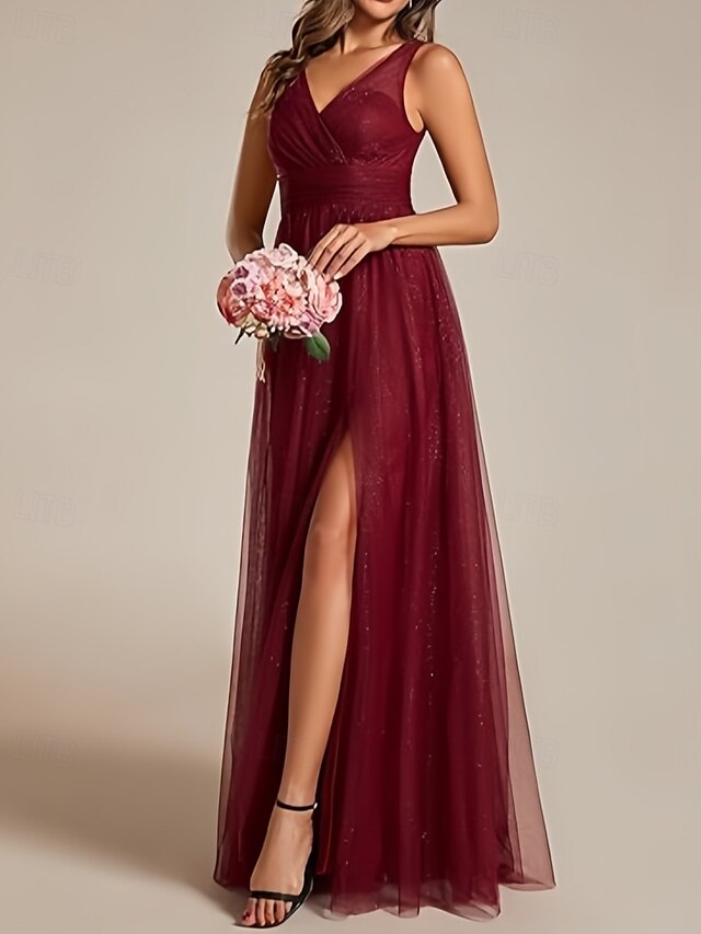  vestido de dama de honra em corte A, decote em V, sem mangas, elegante, longo, tule, com fenda frontal / franzido 2025