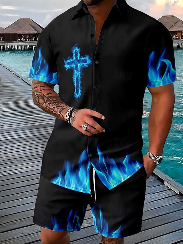  Paște Bărbați Σταυρός 2 buc Seturi de camasi Set cămașă Manșon scurt Pantaloni scurti Răsfrânt Epocă Casual Zilnic Ținuta de festival Imprimare 3D Vară Albastru ou de Măcăleandru Galben