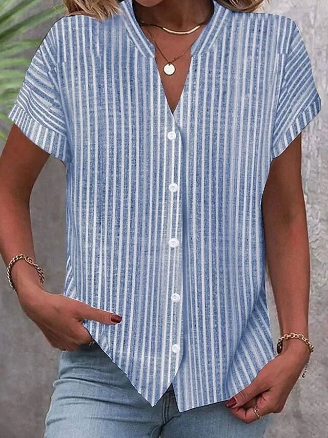  Dameshemd V Hals Button Down Blouse Grafisch Gestreept Stijlvol Strand Korte Mouw Shirt Kraag Reguliere Tops Dagelijks Knopen Print Roze Blauw Groen Grijs Lente Herfst