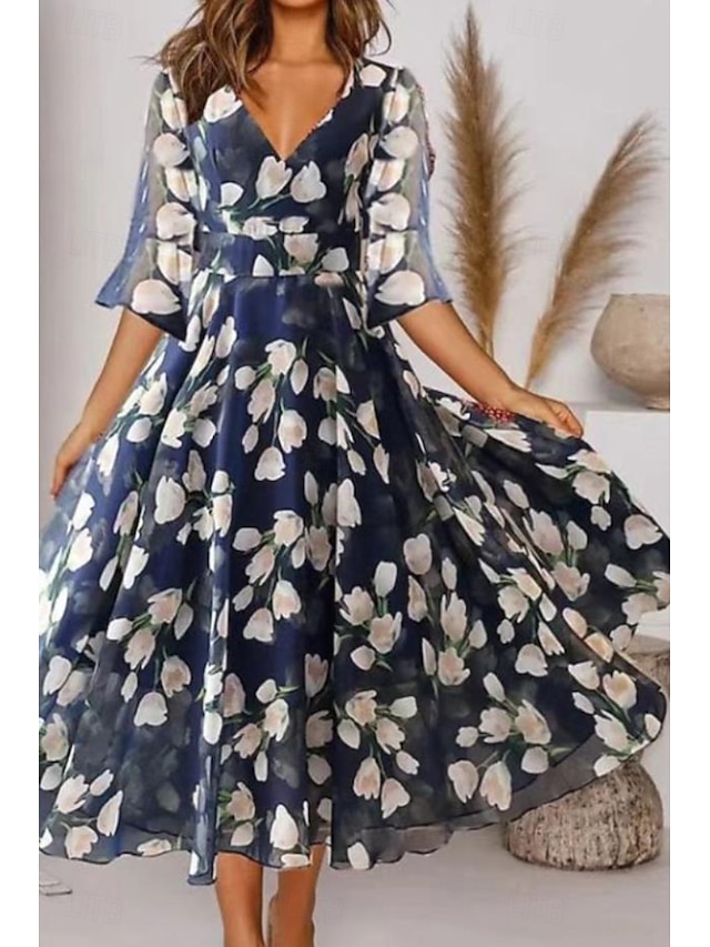  Dames Halflange jurk Swingjurk Jurk met print Modieus Buiten Uitgaan Weekend Normale pasvorm Bloem Halve mouw V-hals blauw Zomer