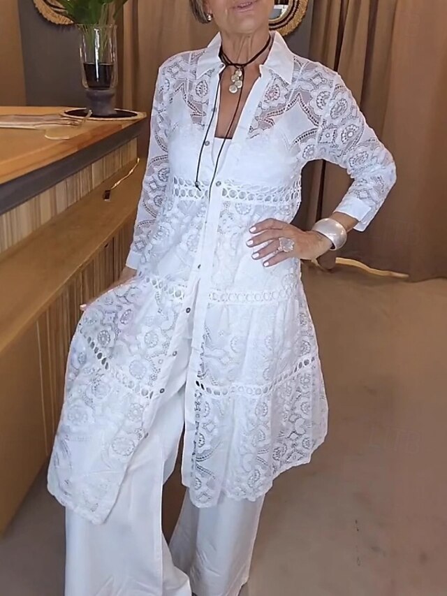  Women's Shirt Lace Shirt Blouse Plain Modern Casual Long Sleeve Shirt Collar Long Tops Daily Holiday Going out Lace White Summer