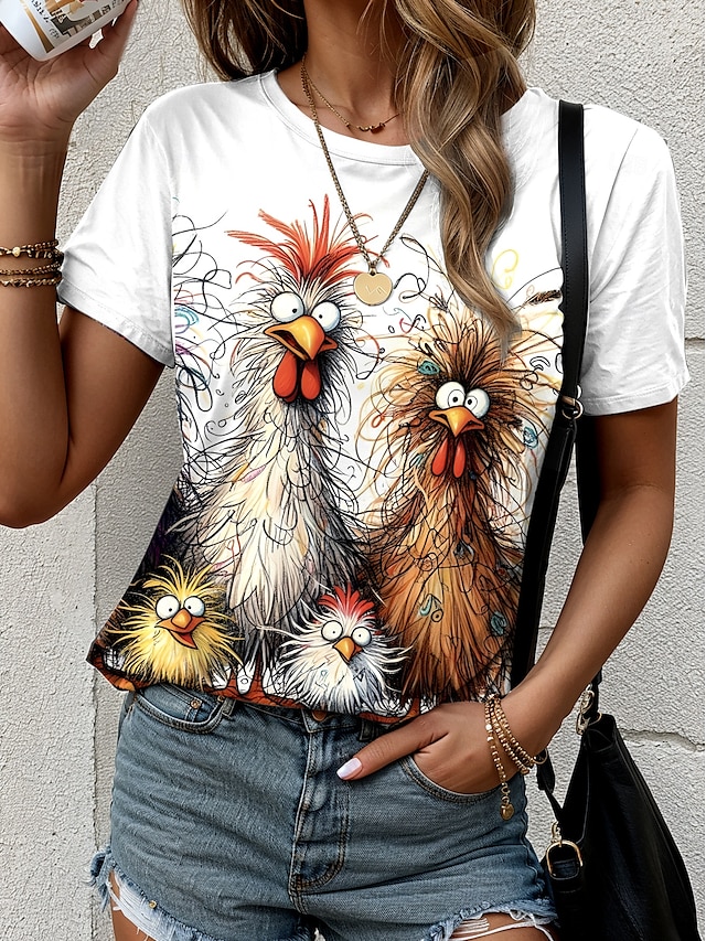  Per donna Maglietta Grafico Animale Gallo Casual Di tendenza Manica Corta Girocollo Top Regolari Quotidiano Stampato Bianco Estate
