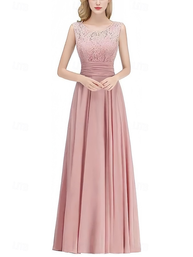  Linha A Vestido de Madrinha Decorado com Bijuteria Sem Manga Elegante Longo Chiffon / Renda com Pregas / Franzido 2022
