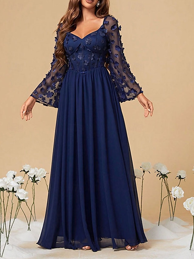 Šaty Šaty Matky Nevůsty Elegantní Party Neformální Čtvercový Výstřih Dlouhé Délky Chiffon Polyester Dlouhé Rukávy s Jednobarevnými Svatební Host Šaty
