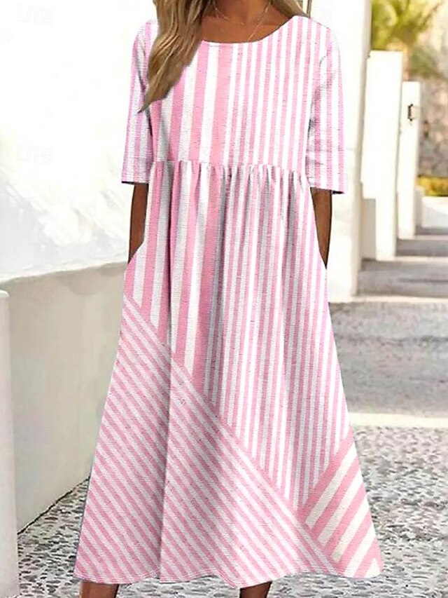 Women's Midi Dress Sundress Summer Dress Vacation Casual Beach Daily Holiday Tea Party Loose Fit Graphic Striped Half Sleeve Crew Neck Pink Blue Purple Summer4