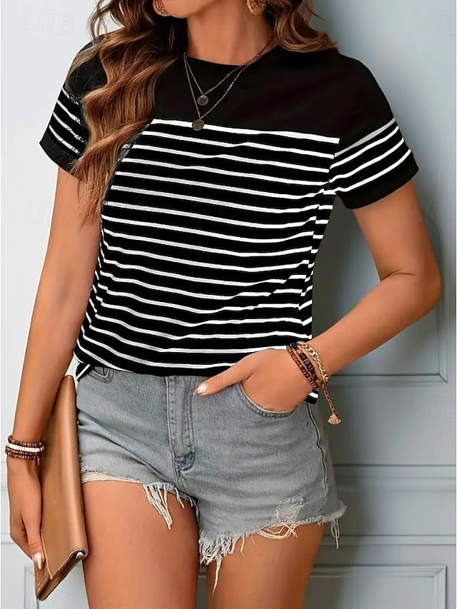  Damen T Shirt Gestreift Brautkleider schlicht Kurzarm Rundhalsausschnitt Normale Oberteile Täglich Ausgehen Wochenende Bedruckt Schwarz Weiß Sommer