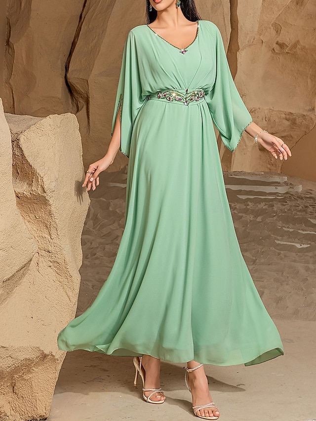  Kleid Brautmutterkleid Elegant Lässig V Ausschnitt Bodenlang Polyester Dreiviertelarm mit Kristalle 2025