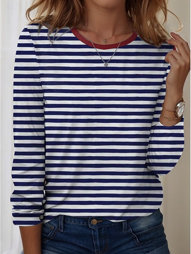 Women's T shirt Crew Neck Long Sleeve Tunic Graphic Striped Elegant Vintage  Regular Tops Daily Going out Weekend Print Blue3