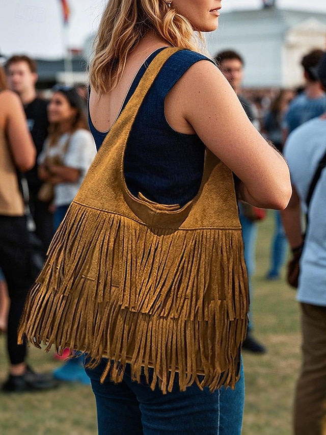 Women's Boho Fringe Shoulder Bag Hobo Handbag – Vintage Faux Suede Handbag for Music Festivals, Casual Outings & Travel
