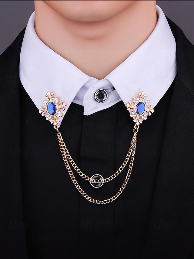  Vintage Blue Gem Collar Chain Brooch – Elegant Double Chain Lapel Pin for Men & Women, Gothic Victorian Style Shirt & Suit Accessory, Formal Wedding & Party Jewelry