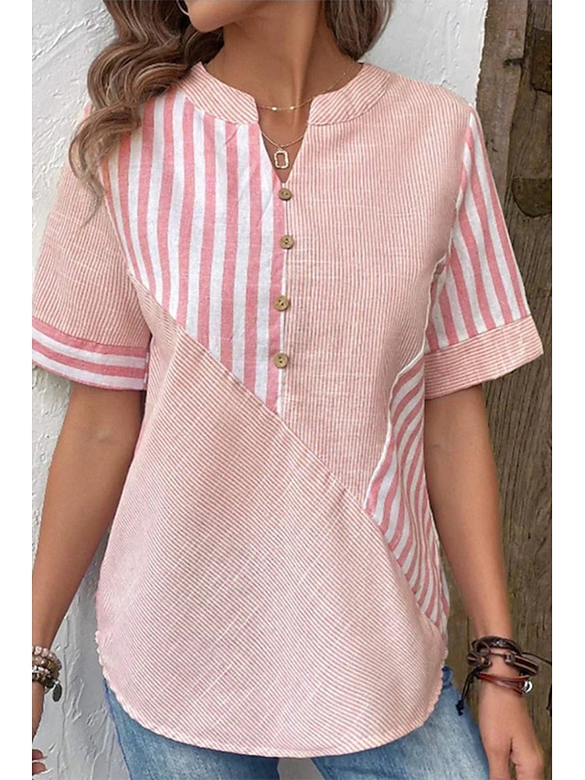  Mulheres Blusa Listrado Moderno Casual Manga Curta Decote V Tops regulares Diário Feriado Para Noite Botões Verde Claro Rosa Azul Real Verão