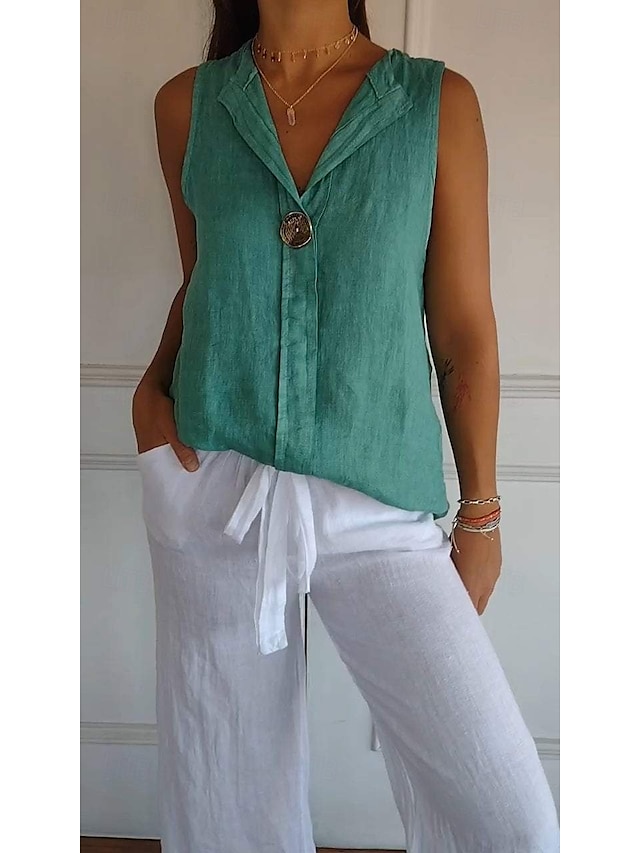  Women's Cotton Linen Shirt Blouse Solid Color Elegant Casual Sleeveless V Neck Regular Tops Daily Holiday Buttons White Navy Blue Green Khaki Summer Spring