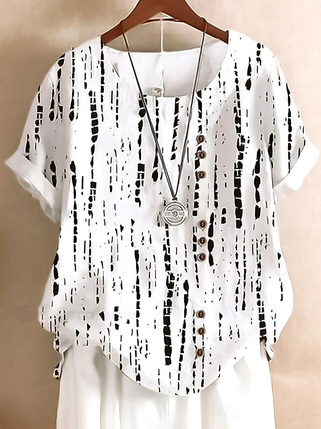Women's Shirt Blouse Graphic Striped Elegant Short Sleeve Crew Neck Regular Tops Daily Linen Like Print White Summer4