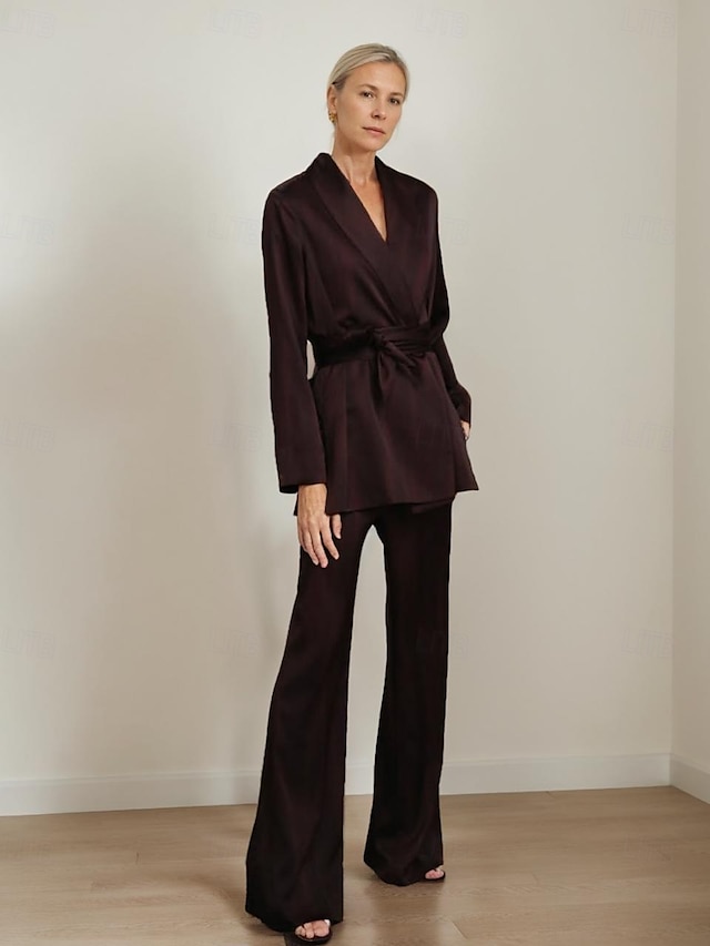  Pantsuit Mother of the Bride Suit Blazer Shawl Lapel Elegant Vintage Simple V Neck Long Sleeve With Wrap on Waist Floor Length Flared Pants Stretch Satin