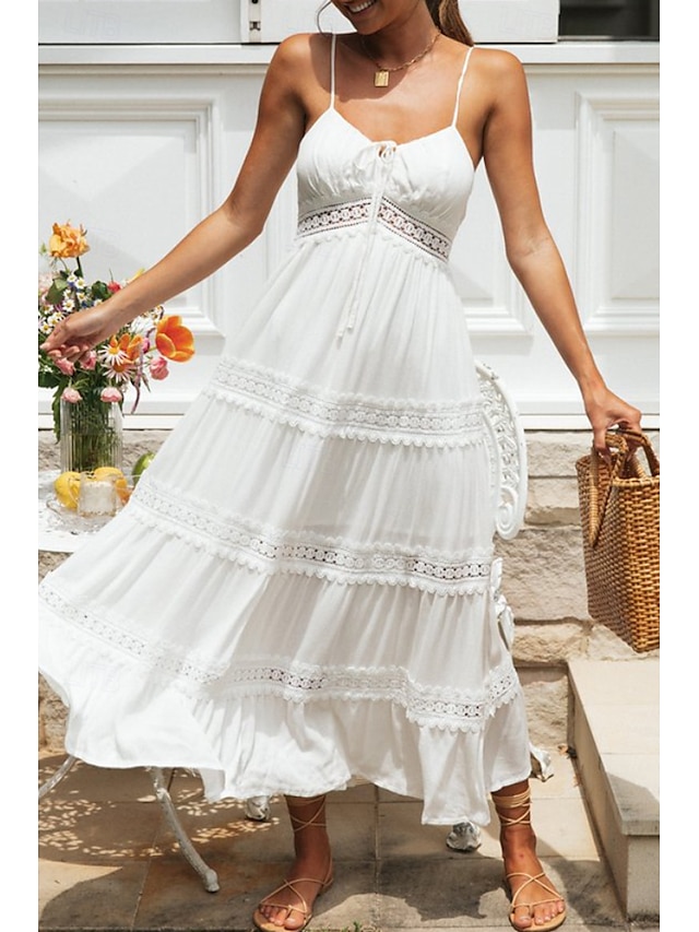 Femmes Robe Midi Robe Blanche Robe Nuisette Mode Moderne Anniversaire Remise des Diplômes Sortir Coupe régulière Uni Sans manches Bretelles spaghetti Blanche Été