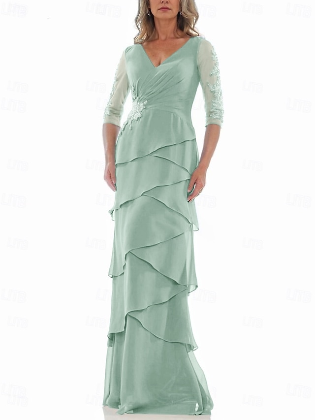  A-Linie Kleid Brautmutterkleid Formell Elegant V Ausschnitt Bodenlang Chiffon Dreiviertelarm mit Stufen Kaskadierende Rüschen Einfarbig 2025